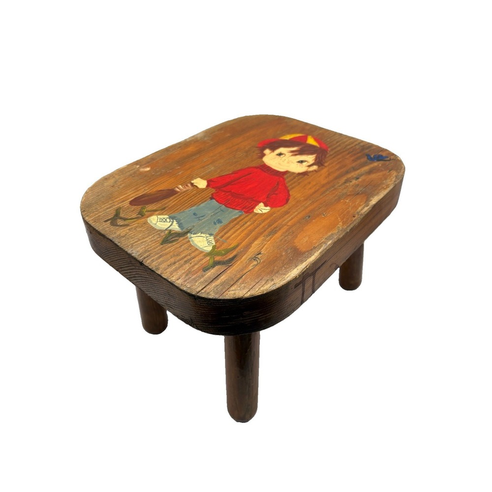 Vintage Wooden Stool Hand Painted Signed 1976 Boy Baseball Farmhouse Riser